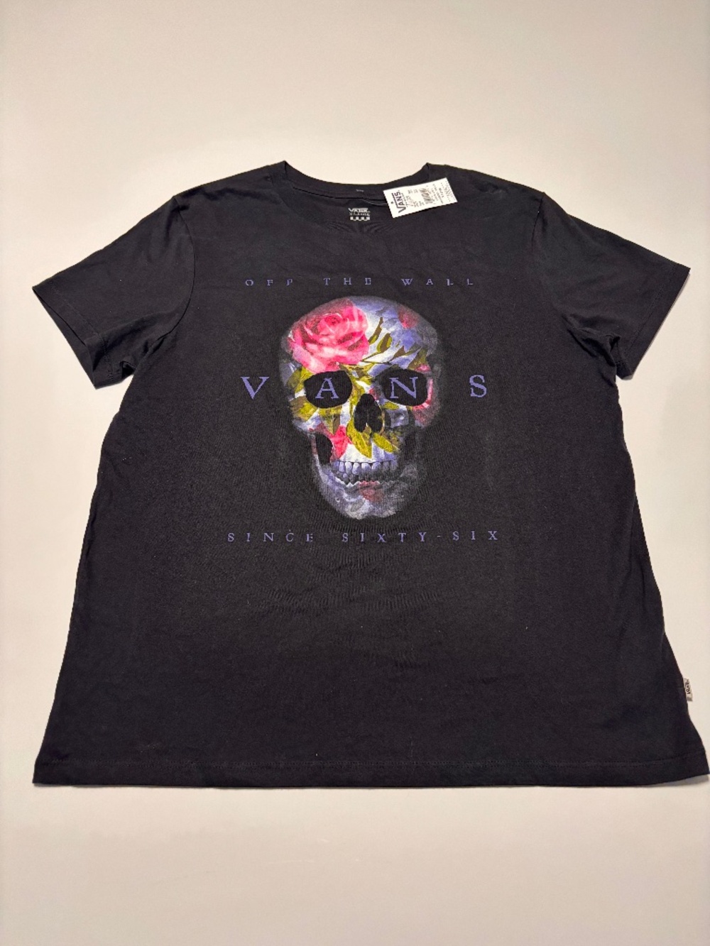 Vans Black Short Sleeve Tee with Floral Skull Graphic